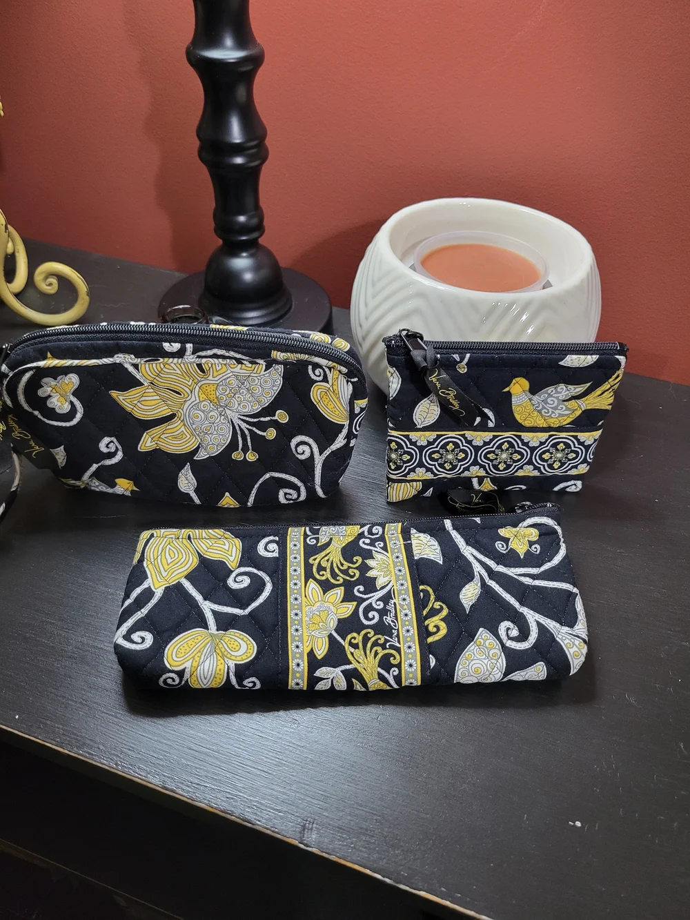 Vera Bradley Yellow Bird cosmetic, Wristlet, and Brush and pencil case trio